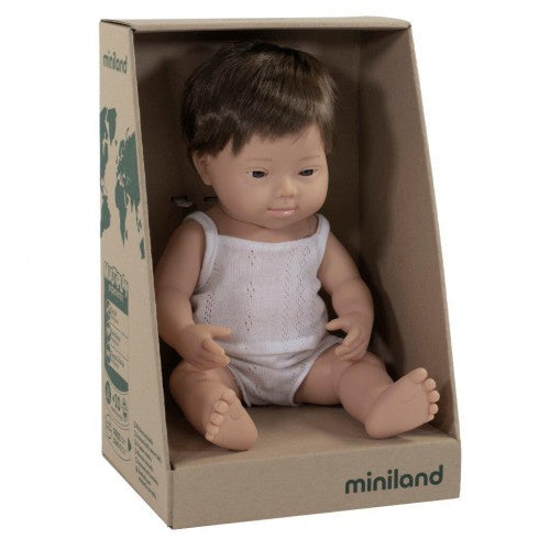 Miniland | 38cm | Caucasian Brunette | Down Syndrome | Boy | Boxed