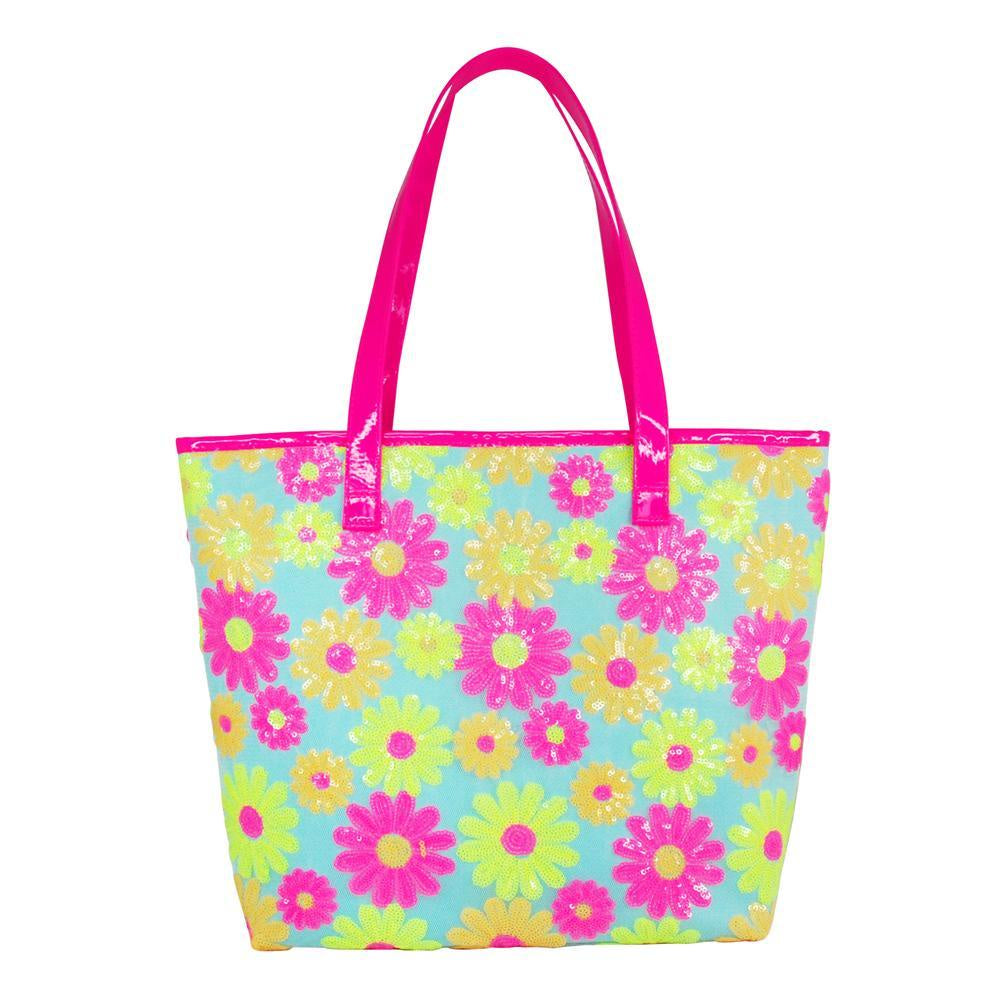 Pink Poppy | Sequin Daisy Cross Beach Bag  - Blue