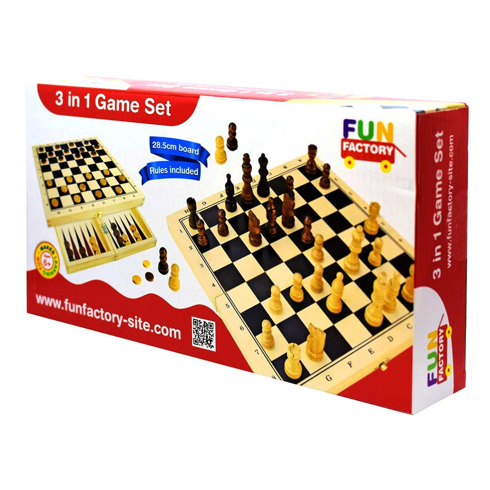 Fun Factory | 3 in 1 Game Set - Chess Checkers Backgammon