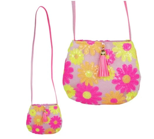 Pink Poppy | Sequin Daisy Shoulder Bag - Lilac